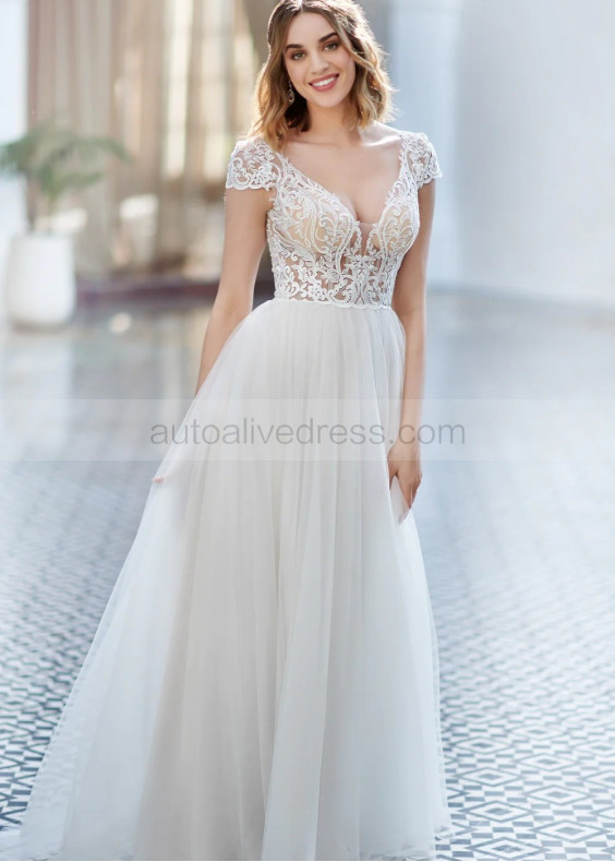 Cap Sleeves Ivory Embroidered Lace Tulle Modern Wedding Dress